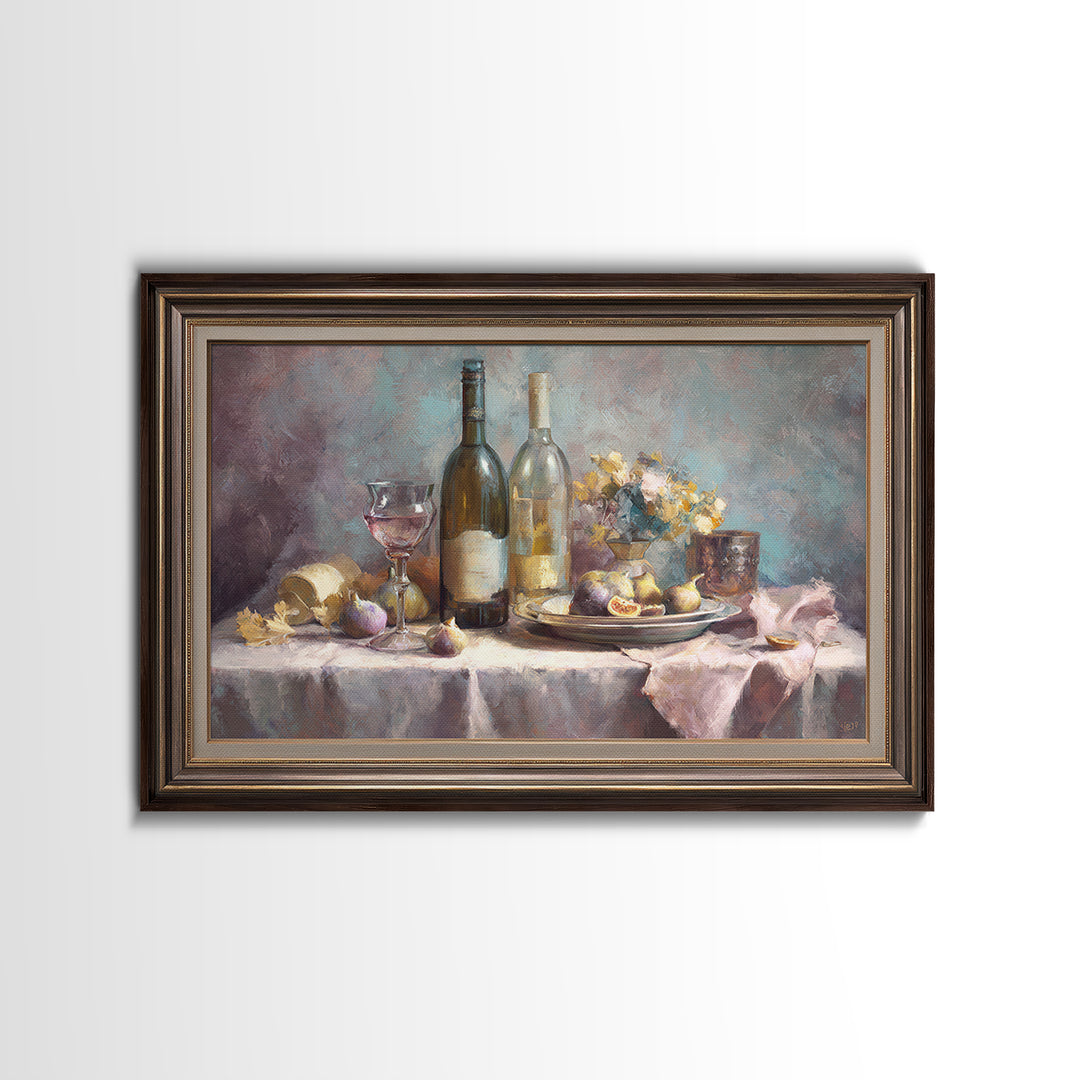 Wine Bottle and Figs on a Linen Framed Canvas Print, Dining Room Art, Statement Artwork, Dining Room Decor, Fine Art, Dining, DRA-3x2-7