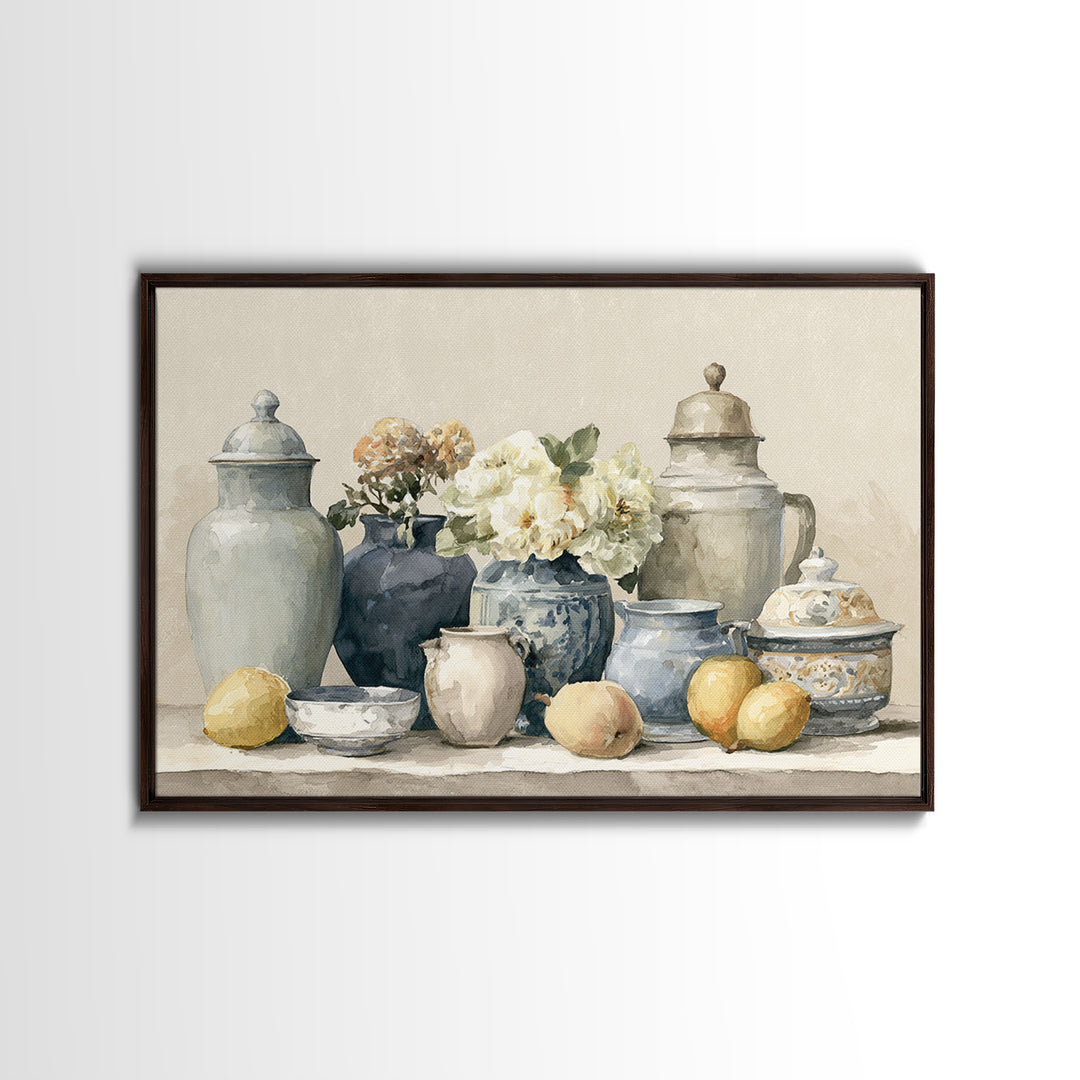 Classic Dutch Feast Arrangement Framed Canvas Print, Dining Room Art, Abstract Art, Dining Room Decor, Watercolor Art, Dining, DRA-3x2-71