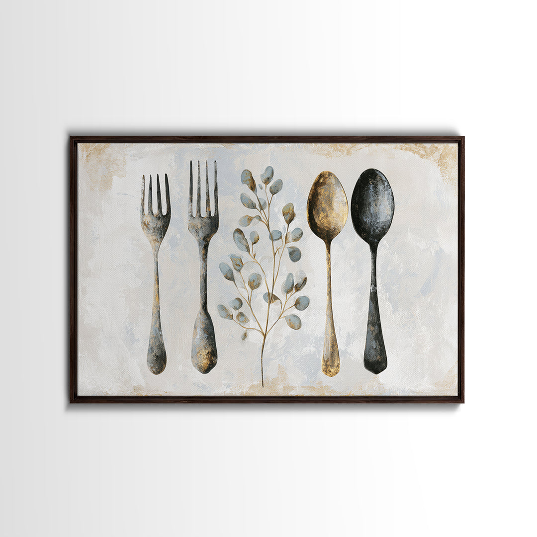 Minimal Fork Spoon and Herb Composition Framed Canvas Print, Dining Room Art, Kitchen Decor, Dining Room Decor, Oil Painting, DRA-3x2-74