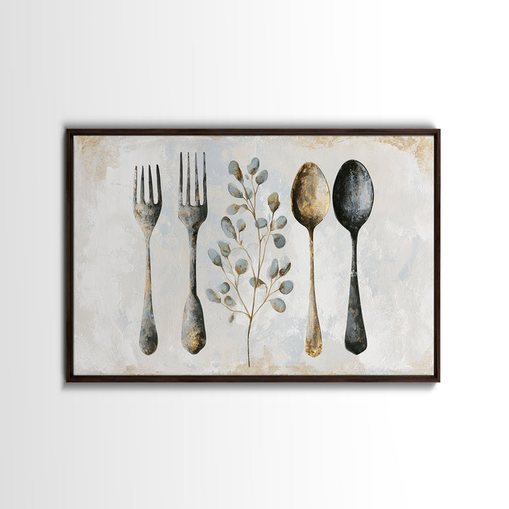 Minimal Fork Spoon and Herb Composition Framed Canvas Print, Dining Room Art, Kitchen Decor, Dining Room Decor, Oil Painting, DRA-3x2-74