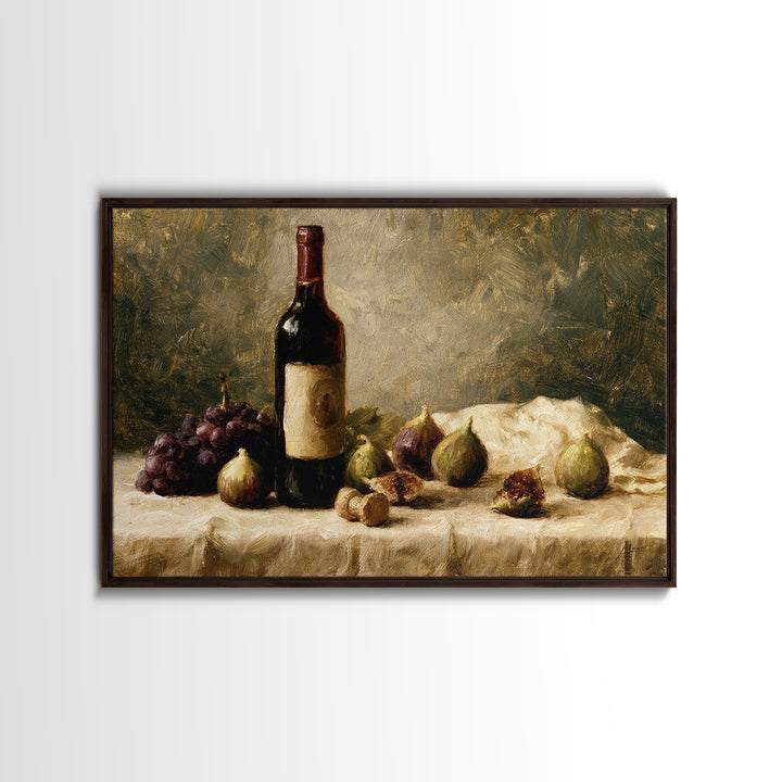 Wine Bottle and Figs on a Linen Framed Canvas Print, Dining Room Art, Kitchen Art, Dining Room Decor, Abstract Art, Dining, DRA-3x2-79