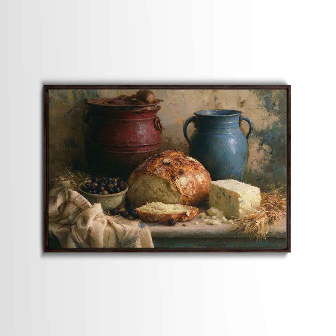 Rustic Bread Olives and Cheese Still Life Canvas Print, Dining Room Art, Watercolor Painting, Dining Room Decor, Dining, DRA-3x2-82