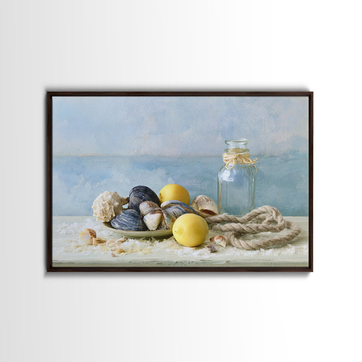 Shellfish and Lemon Still Life Framed Canvas Print, Dining Room Art, Trendy Wall Art, Dining Room Decor, Fine Art, Dining, DRA-3x2-92