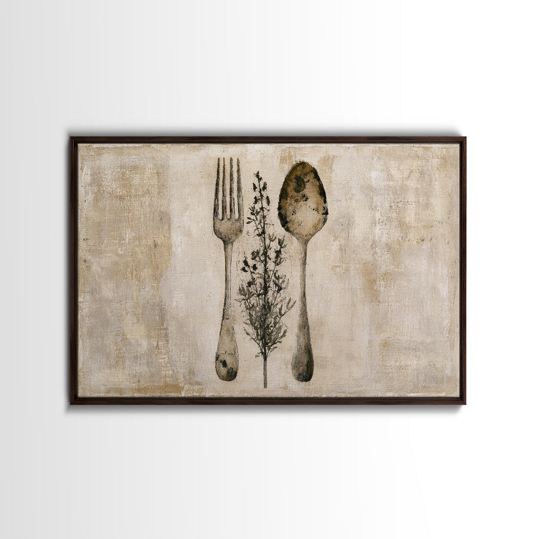 Minimal Fork Spoon and Herb Composition Canvas Print, Dining Room Art, Living Room Decor, Dining Room Decor, Fine Art, Dining, DRA-3x2-98