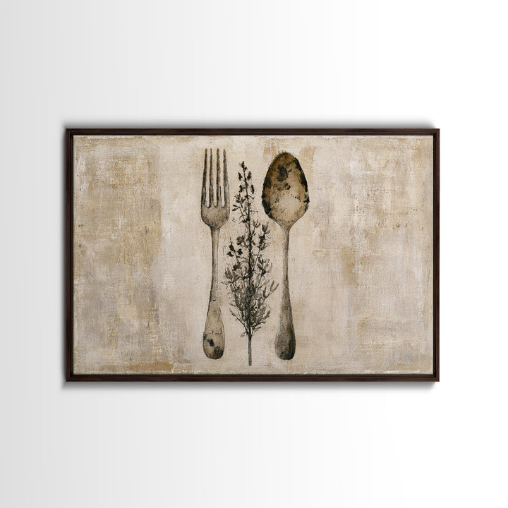 Minimal Fork Spoon and Herb Composition Canvas Print, Dining Room Art, Living Room Decor, Dining Room Decor, Fine Art, Dining, DRA-3x2-98