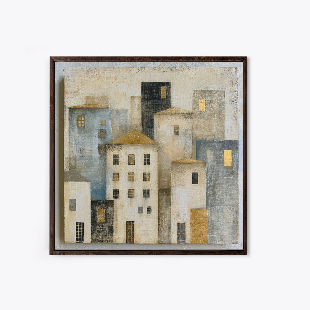 Naive Cityscape with Patterned Windows Framed Canvas Print, Eclectic Art, Art, Living Room Decor, Fine Art, Eclectic, ECL-1x1-12