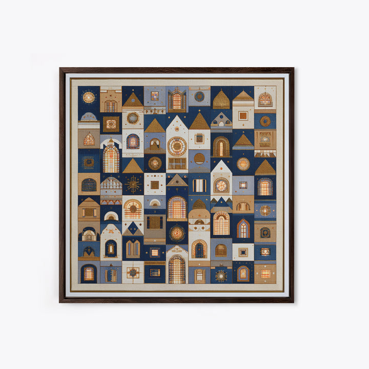 Naive Cityscape with Patterned Windows Canvas Print, Eclectic Art, Digital Art, Living Room Decor, Watercolor Art, Eclectic, ECL-1x1-36