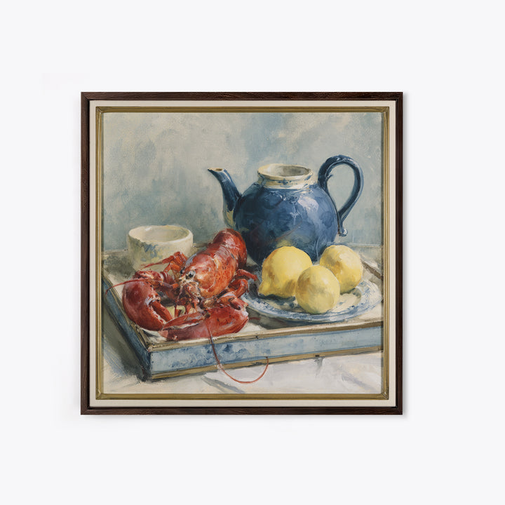 Unexpected Lobster and Lemons Still Life Framed Canvas Print, Eclectic Art, Fine Art Print, Living Room Decor, Abstract Art, ECL-1x1-42