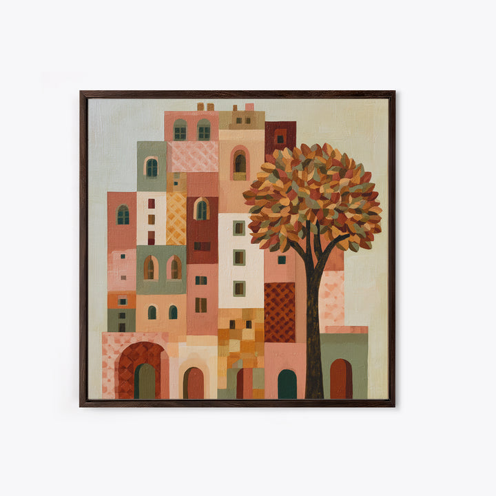 Naive Cityscape with Patterned Windows Canvas Print, Eclectic Art, Portrait, Living Room Decor, Eclectic, Modern Decor, ECL-1x1-60