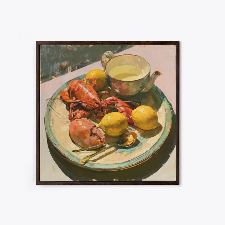 Unexpected Lobster and Lemons Still Life Framed Canvas Print, Eclectic Art, Fine Art Print, Living Room Decor, Abstract Art, ECL-1x1-66