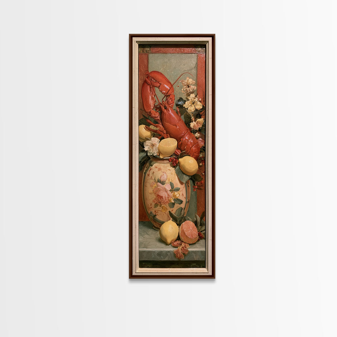 Unexpected Lobster and Lemons Still Life Framed Canvas Print, Eclectic Art, Living Room Decor, Oil Painting, Eclectic, ECL-1x3-54