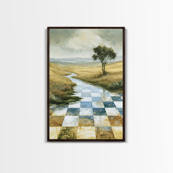 Playful Checkerboard Landscape Framed Canvas Print, Eclectic Art, Dopamine Decor, Living Room Decor, Fine Art, Eclectic, ECL-2x3-17
