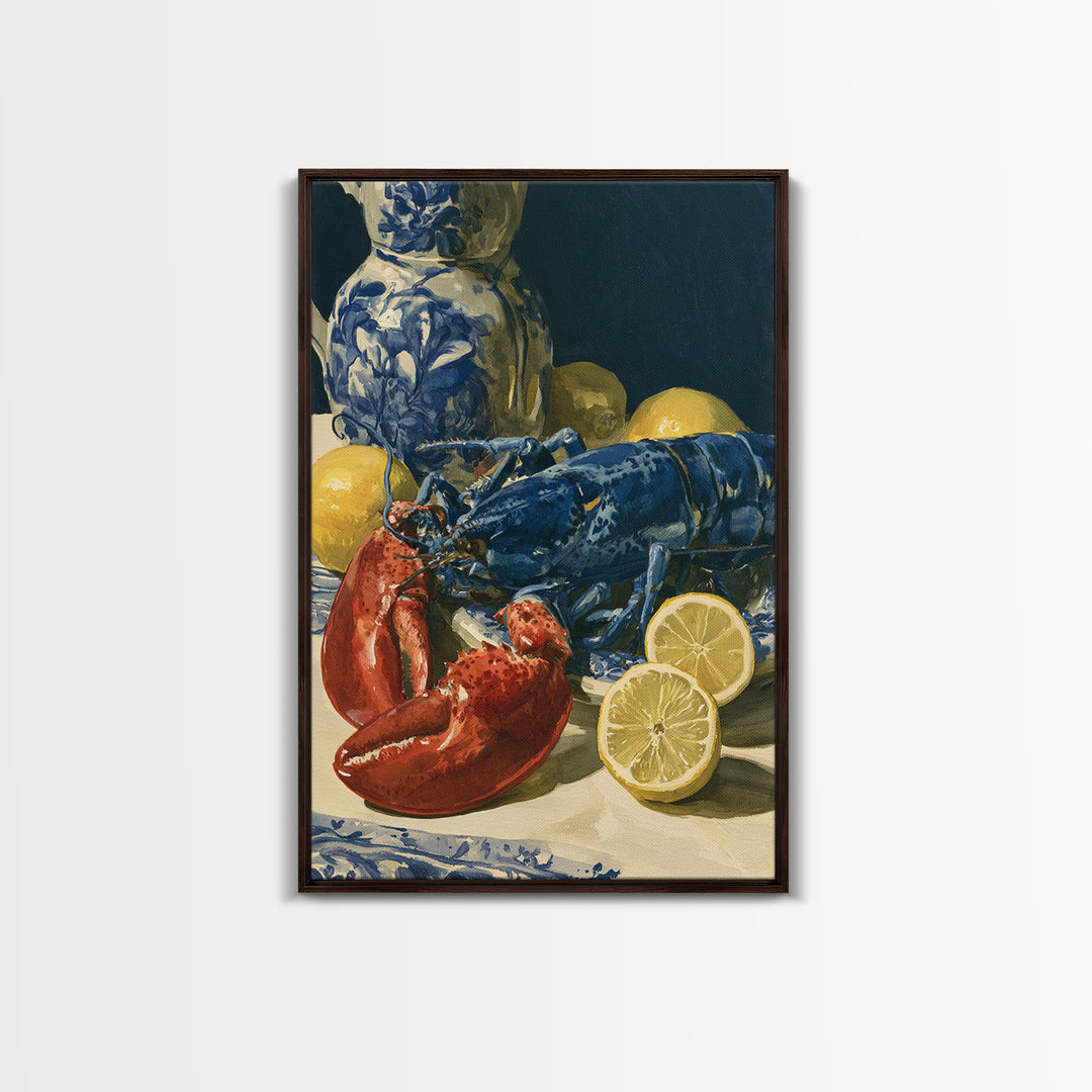Unexpected Lobster and Lemons Still Life Framed Canvas Print, Eclectic Art, Digital Art, Living Room Decor, Abstract Art, ECL-2x3-2