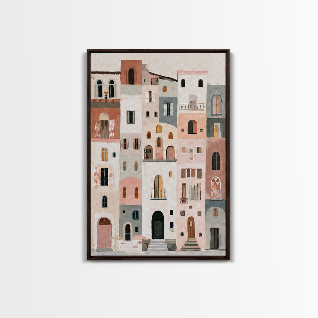 Naive Cityscape with Patterned Windows Framed Canvas Print, Eclectic Art, Neutral Decor, Living Room Decor, Oil Painting, ECL-2x3-20