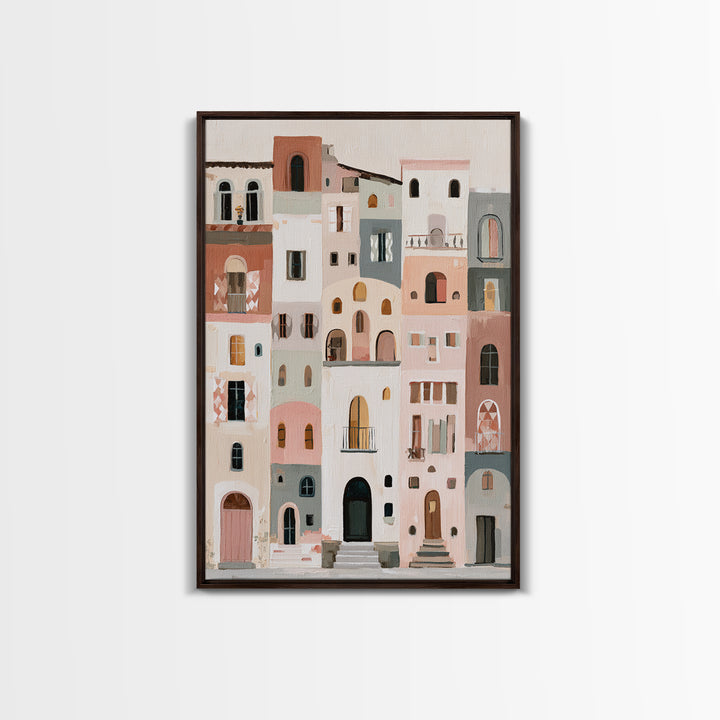 Naive Cityscape with Patterned Windows Framed Canvas Print, Eclectic Art, Neutral Decor, Living Room Decor, Oil Painting, ECL-2x3-20
