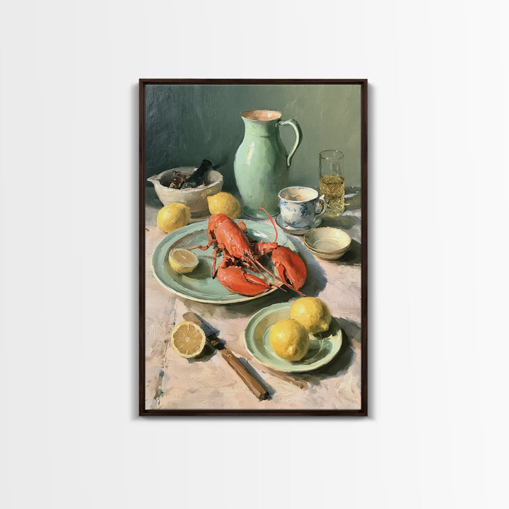 Unexpected Lobster and Lemons Still Life Framed Canvas Print, Eclectic Art, Digital Art, Living Room Decor, Abstract Art, ECL-2x3-26