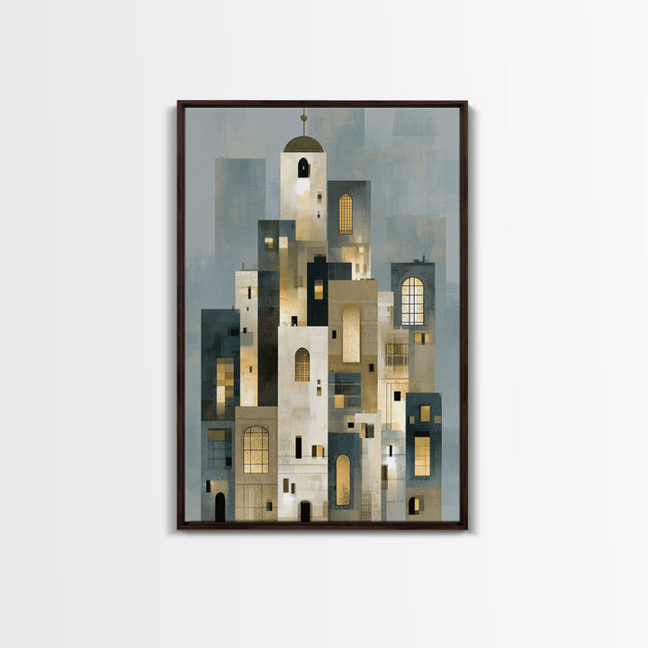 Naive Cityscape with Patterned Windows Framed Canvas Print, Eclectic Art, Living Room Decor, Watercolor Art, Eclectic, ECL-2x3-44