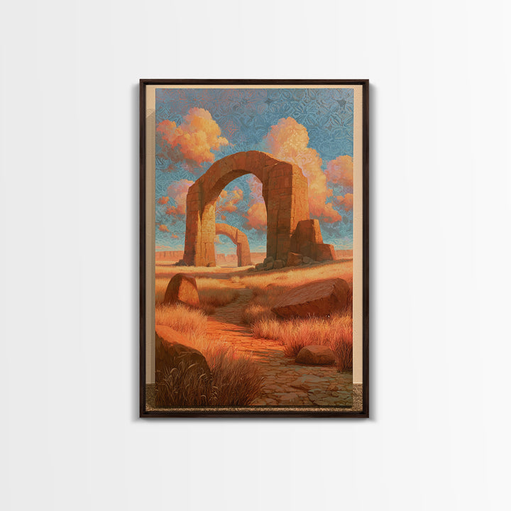 Surreal Desert with Floating Arches Framed Canvas Print, Eclectic Art, Printable, Living Room Decor, Oil Painting, Eclectic, ECL-2x3-6