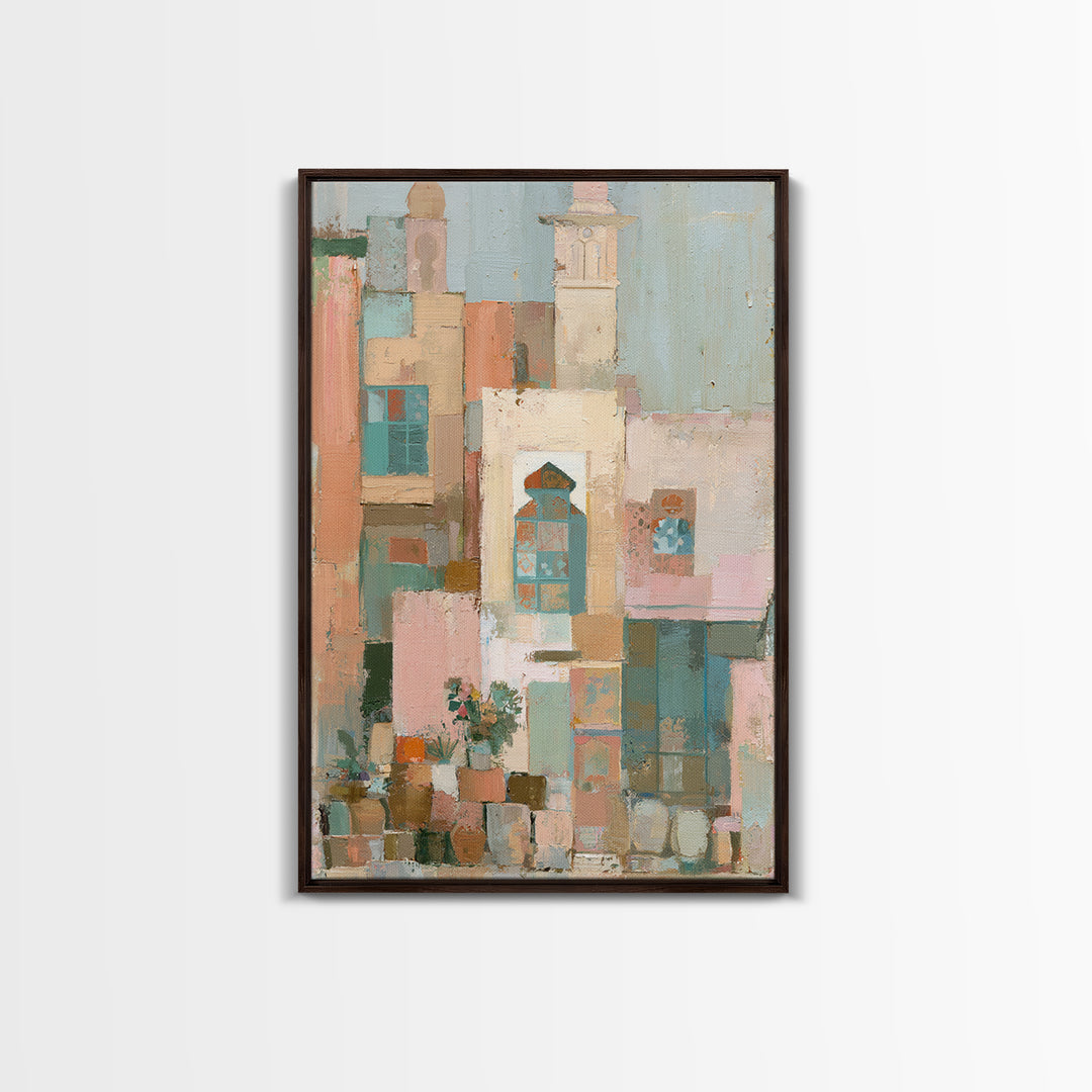 Naive Cityscape with Patterned Windows Framed Canvas Print, Eclectic Art, Original Art, Living Room Decor, Abstract Art, ECL-2x3-92