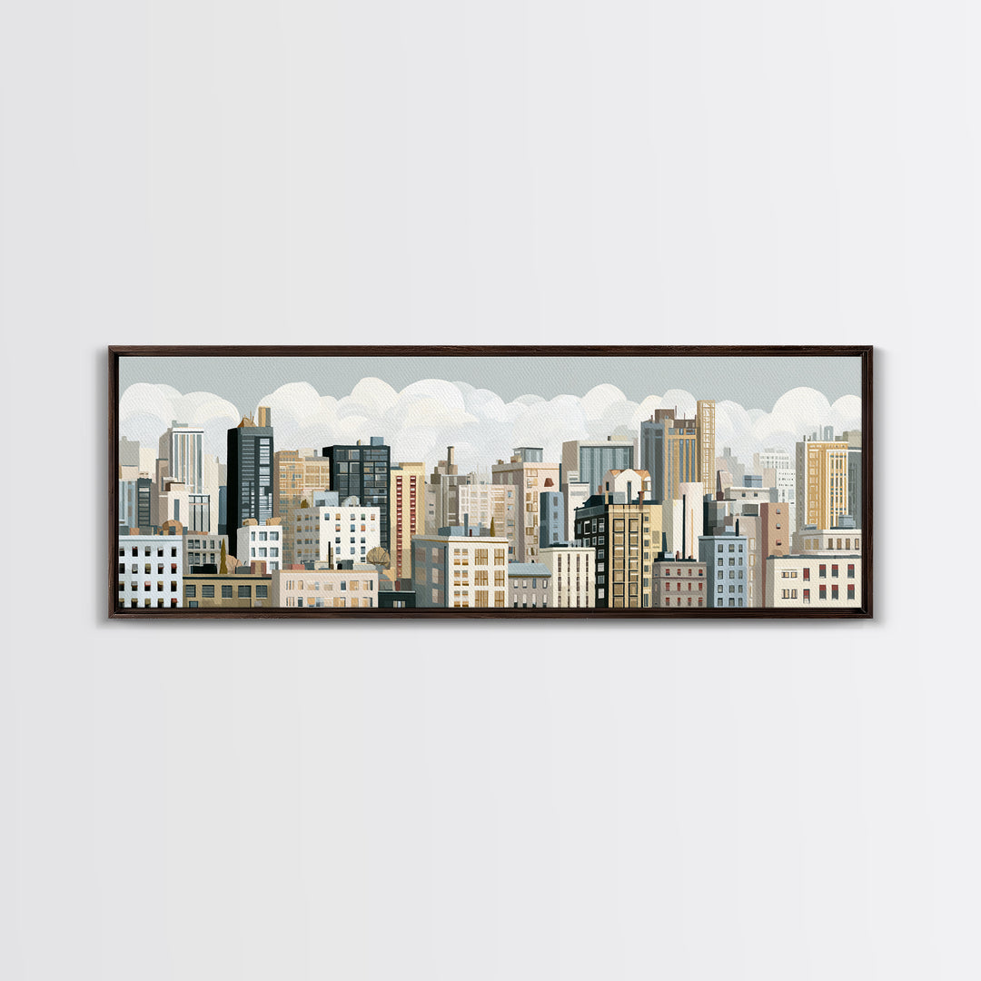 Naive Cityscape with Patterned Windows Canvas Print, Eclectic Art, Oil Painting, Living Room Decor, Abstract Art, Eclectic, ECL-3x1-100