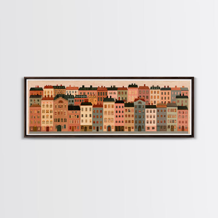 Naive Cityscape with Patterned Windows Canvas Print, Eclectic Art, Art Prints, Living Room Decor, Fine Art, Eclectic, ECL-3x1-76