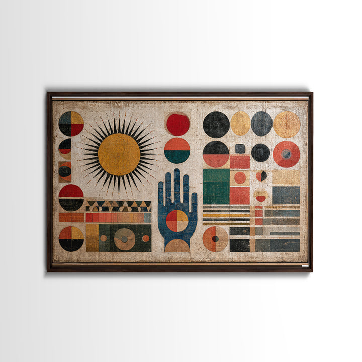 Geometric Sun and Hand Motif Framed Canvas Print, Eclectic Art, Boho, Living Room Decor, Abstract Art, Eclectic, ECL-3x2-19
