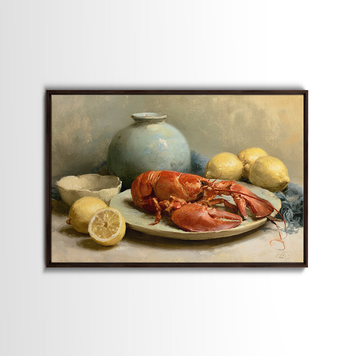 Unexpected Lobster and Lemons Still Life Canvas Print, Eclectic Art, Boho Wall Art, Living Room Decor, Oil Painting, Eclectic, ECL-3x2-22