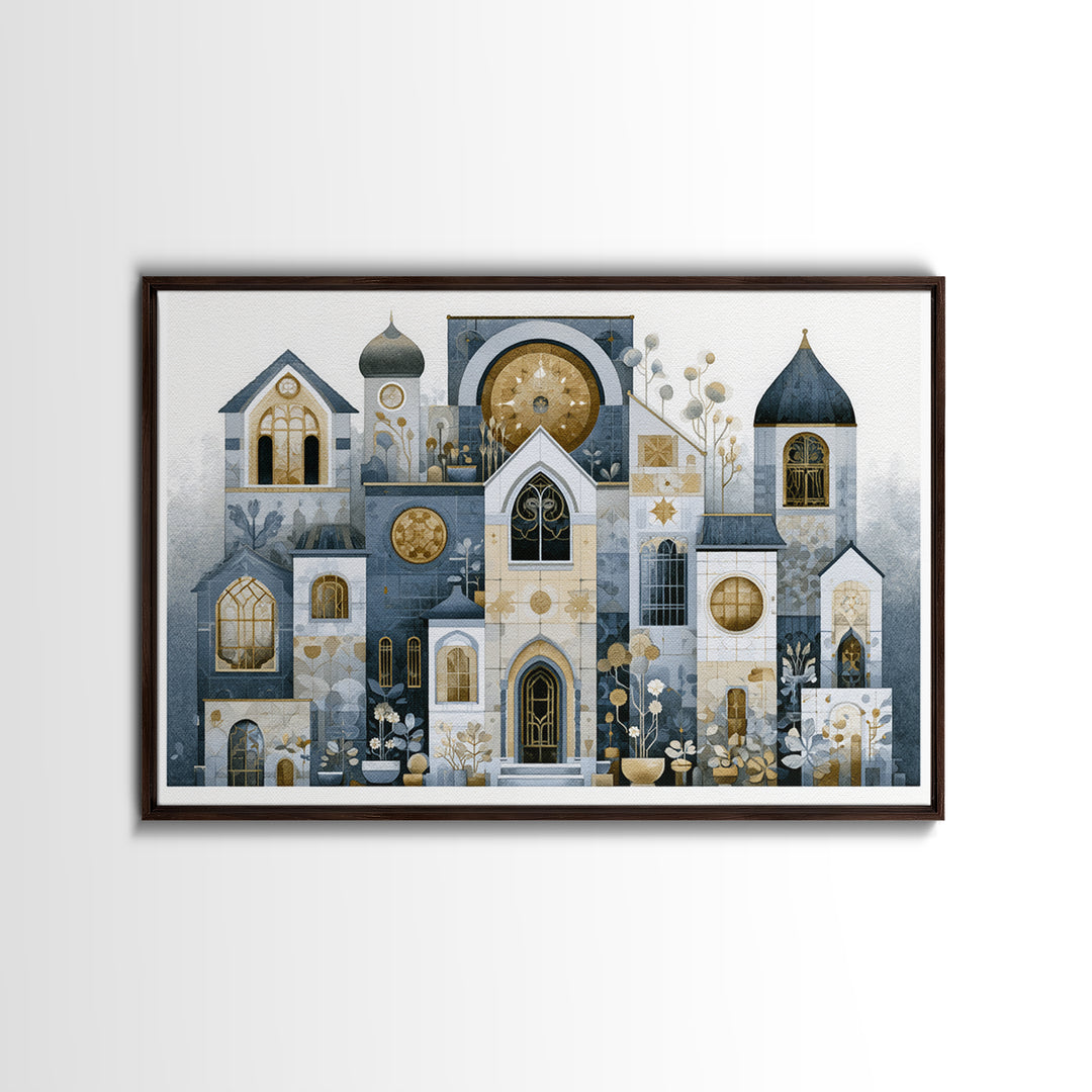 Naive Cityscape with Patterned Windows Framed Canvas Print, Eclectic Art, Art Prints, Living Room Decor, Oil Painting, Eclectic, ECL-3x2-40