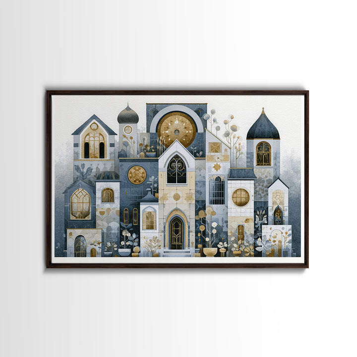 Naive Cityscape with Patterned Windows Framed Canvas Print, Eclectic Art, Art Prints, Living Room Decor, Oil Painting, Eclectic, ECL-3x2-40