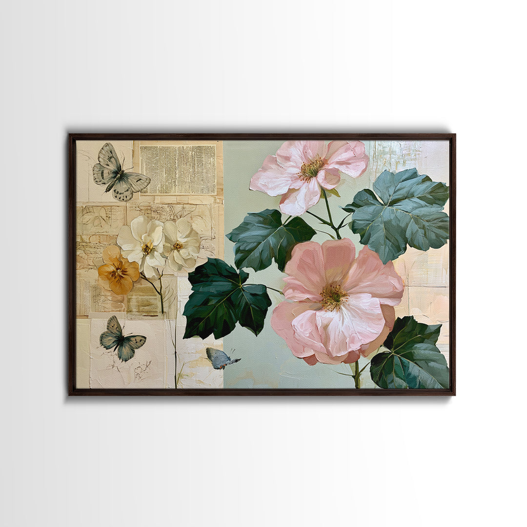 Botanical Collage with Butterflies and Old Paper Framed Canvas Print, Eclectic Art, Wall Decor, Living Room Decor, Eclectic, ECL-3x2-41