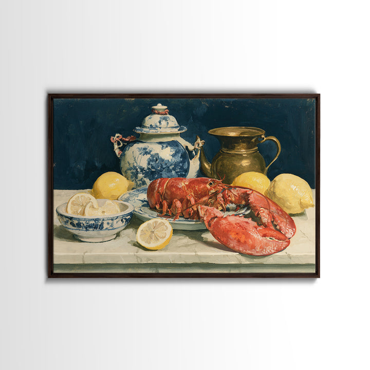 Unexpected Lobster and Lemons Still Life Framed Canvas Print, Eclectic Art, Neutral Decor, Living Room Decor, Eclectic, ECL-3x2-46