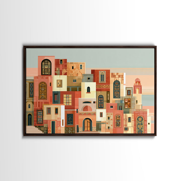 Naive Cityscape with Patterned Windows Framed Canvas Print, Eclectic Art, Original Art, Living Room Decor, Abstract Art, ECL-3x2-64