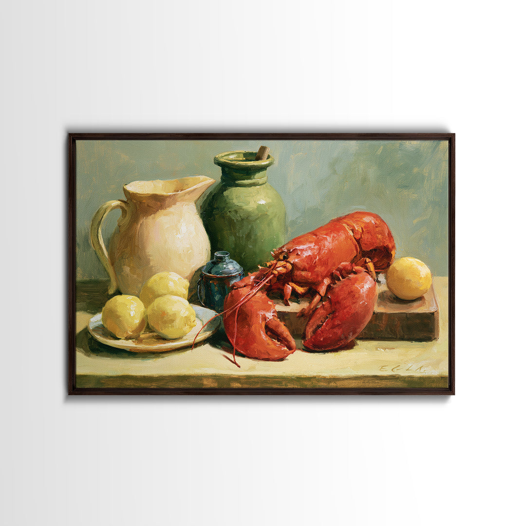 Unexpected Lobster and Lemons Still Life Framed Canvas Print, Eclectic Art, Neutral Decor, Living Room Decor, Eclectic, ECL-3x2-70