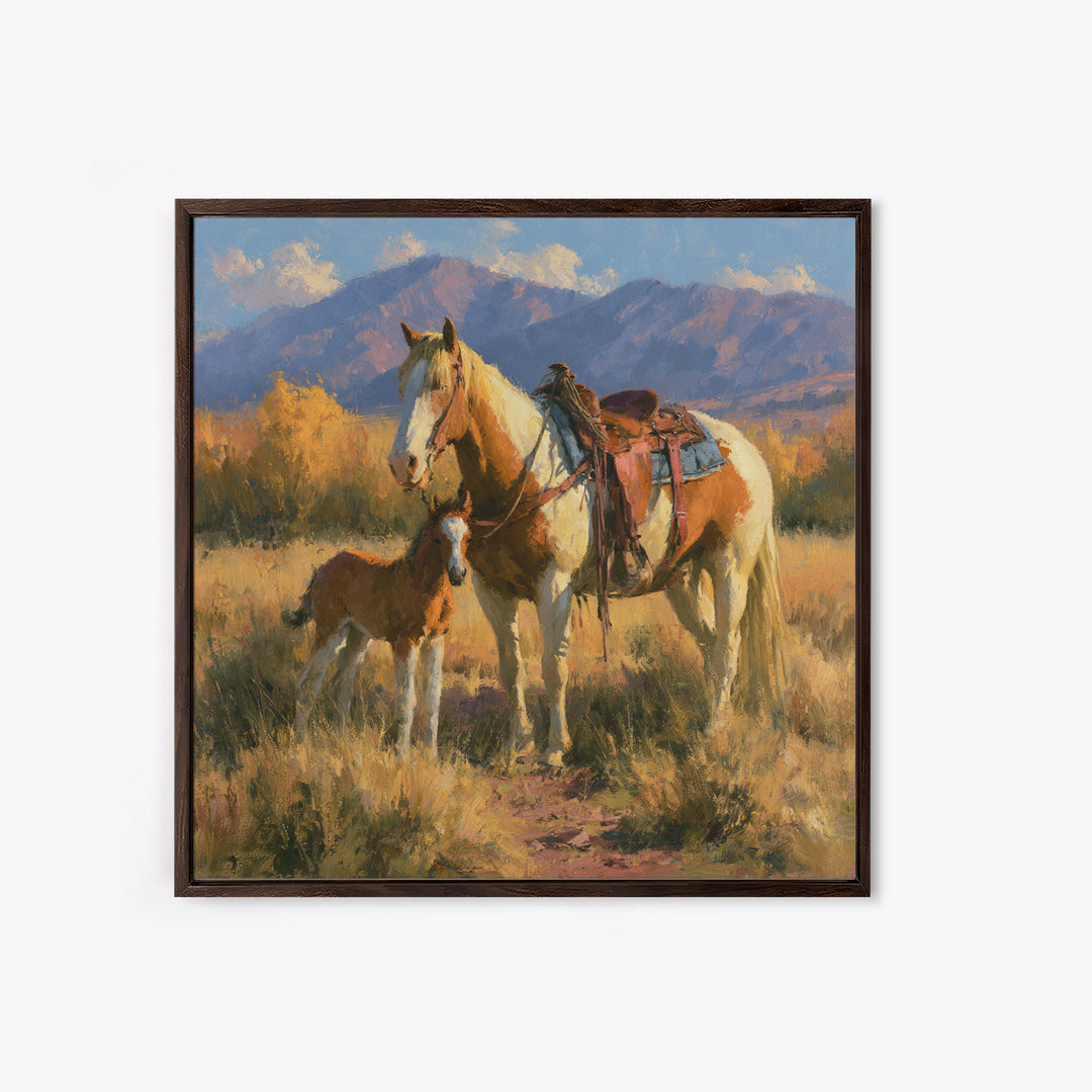 Horse and Foal Framed Canvas Print, Equestrian Art, Wall Decor, Living Room Decor, Oil Painting, Equestrian, Unique Wall Art, EQU-1x1-12