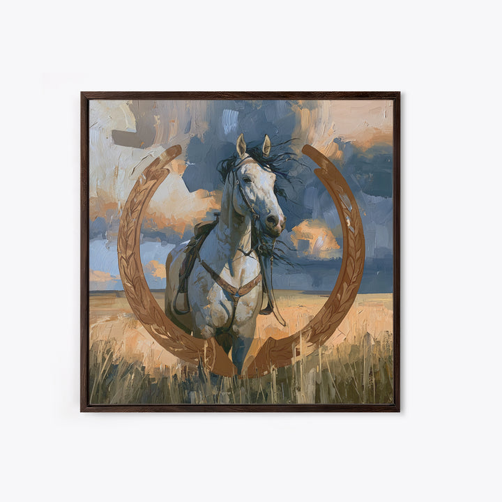 Equestrian Crest with Laurel and Horseshoe Canvas Print, Equestrian Art, Western Decor, Living Room Decor, Oil Painting, EQU-1x1-22