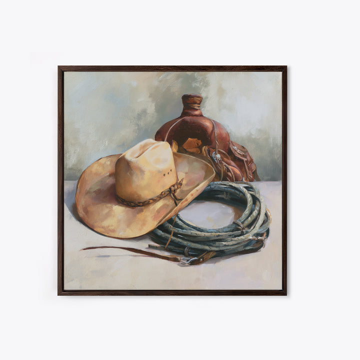 Cowgirl Hat and Reins Still Life Canvas Print, Equestrian Art, Western Decor, Living Room Decor, Fine Art, Equestrian, EQU-1x1-35