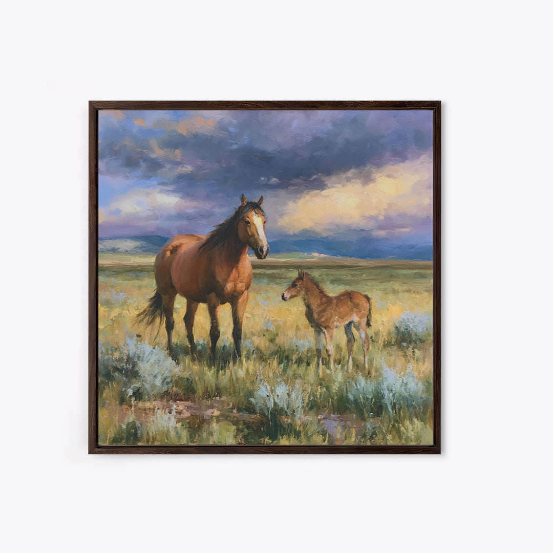 Horse and Foal Canvas Print, Equestrian Art, Digital Print, Living Room Decor, Equestrian, Moody Wall Art, Green Wall Art, EQU-1x1-36