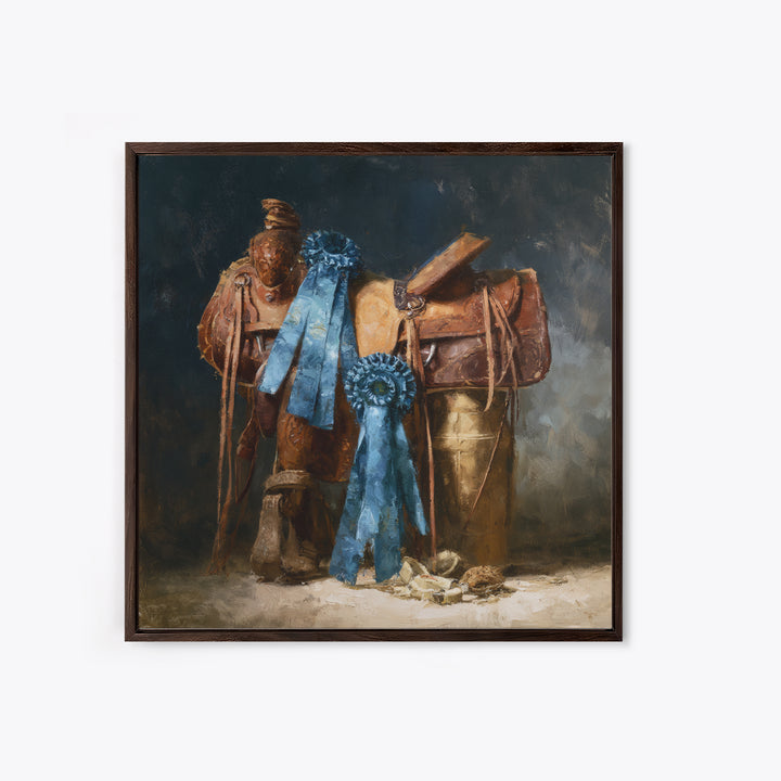 Blue Ribbon and Saddle Competition Still Life Canvas Print, Equestrian Art, Gallery Decor, Living Room Decor, Equestrian, EQU-1x1-41