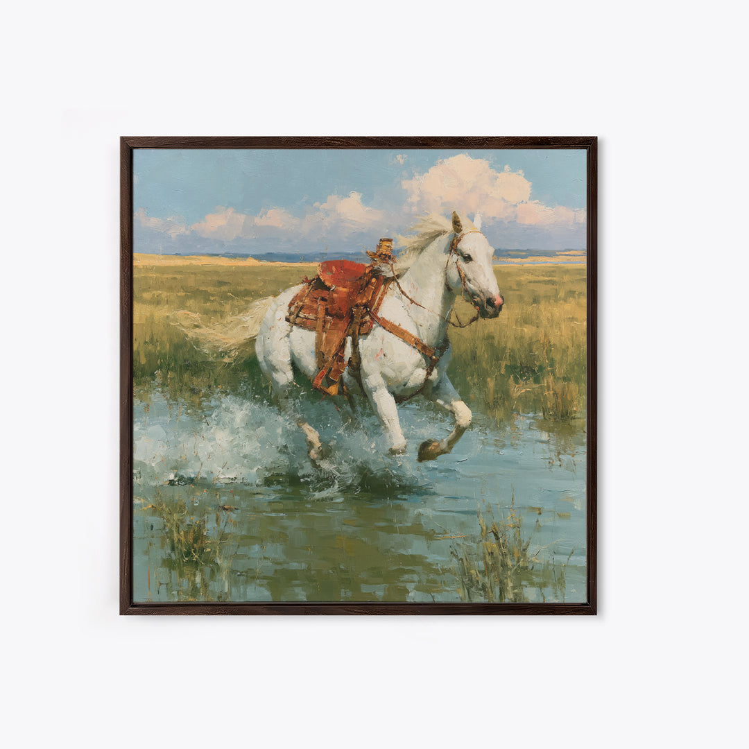 White Horse Running Through Shallow Water Canvas Print, Equestrian Art, Retro Poster, Living Room Decor, Fine Art, Equestrian, EQU-1x1-5