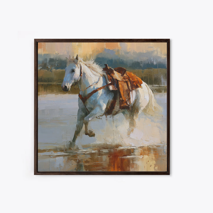 White Horse Running Through Shallow Water Framed Canvas Print, Equestrian Art, Fine Art Print, Living Room Decor, Equestrian, EQU-1x1-53