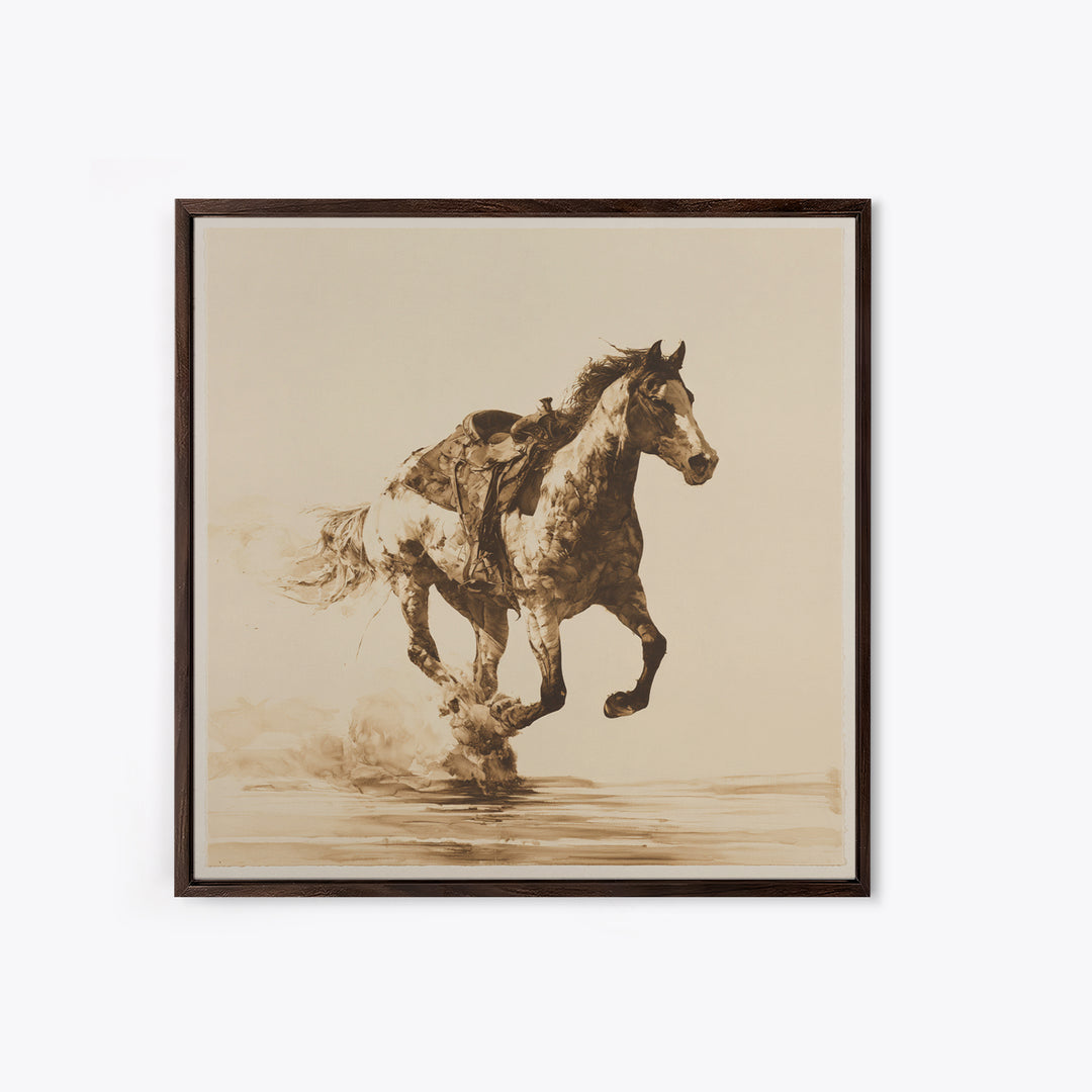 Minimal Horse Contour Drawing on Cream Paper Canvas Print, Equestrian Art, Antique Oil Painting, Living Room Decor, Equestrian, EQU-1x1-61
