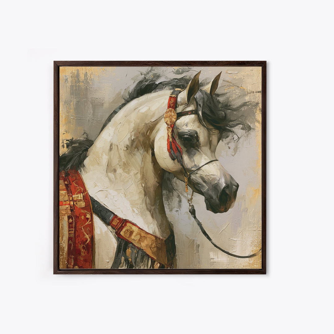 Arabian Horse with Ornate Tack and Silk Canvas Print, Equestrian Art, Antique Oil Painting, Living Room Decor, Equestrian, EQU-1x1-63