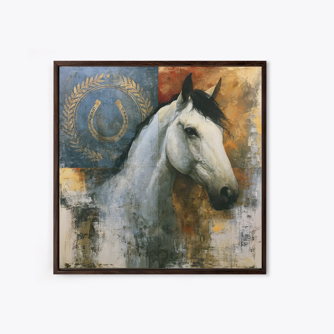 Equestrian Crest with Laurel and Horseshoe Canvas Print, Equestrian Art, Western Wall Art, Living Room Decor, Equestrian, EQU-1x1-70