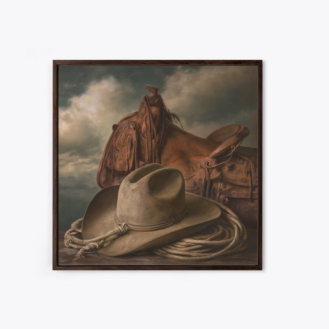 Cowgirl Hat and Reins Still Life Framed Canvas Print, Equestrian Art, Statement Artwork, Living Room Decor, Equestrian, EQU-1x1-83