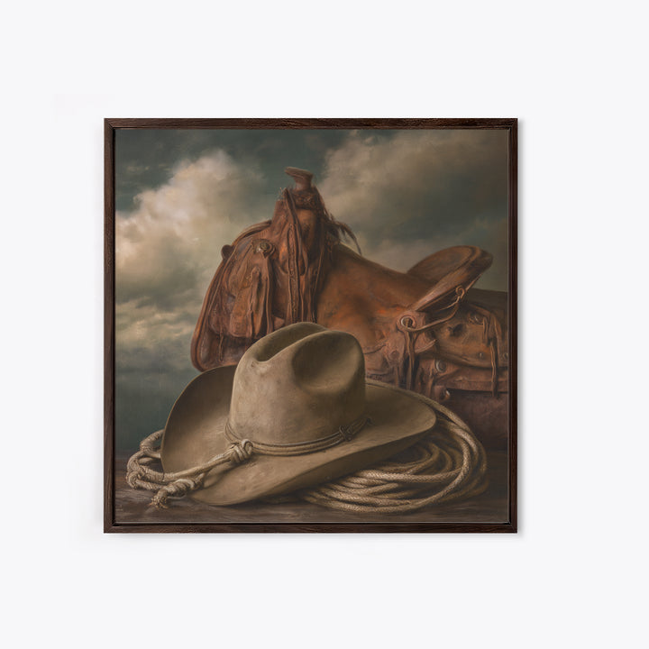 Cowgirl Hat and Reins Still Life Framed Canvas Print, Equestrian Art, Statement Artwork, Living Room Decor, Equestrian, EQU-1x1-83