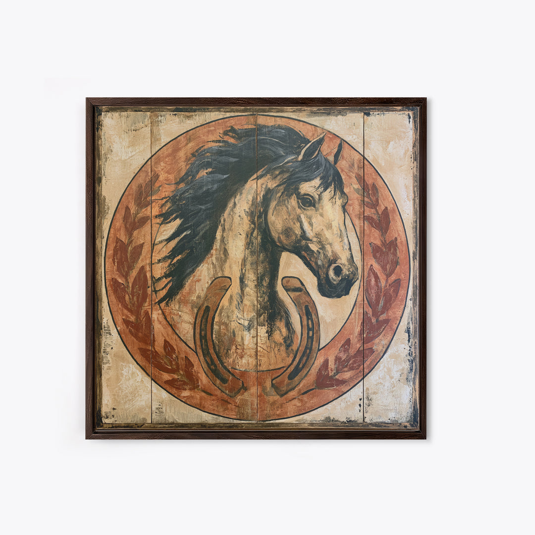 Equestrian Crest with Laurel and Horseshoe Canvas Print, Equestrian Art, Western Art, Living Room Decor, Fine Art, Equestrian, EQU-1x1-94