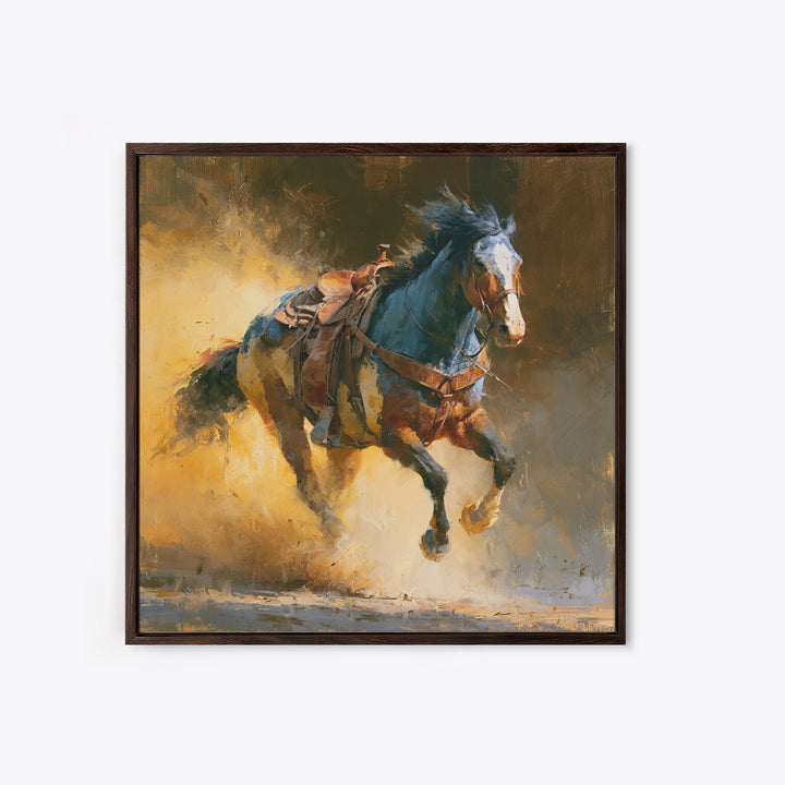 Galloping Horse in Golden Dust and Sunlight Canvas Print, Equestrian Art, Wall Art, Living Room Decor, Oil Painting, Equestrian, EQU-1x1-97