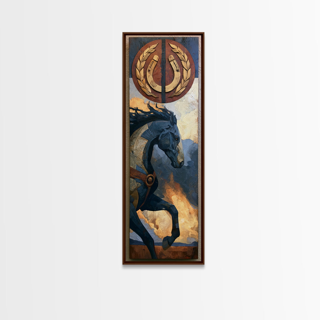 Equestrian Crest with Laurel and Horseshoe Canvas Print, Equestrian Art, Abstract Painting, Living Room Decor, Equestrian, EQU-1x3-10