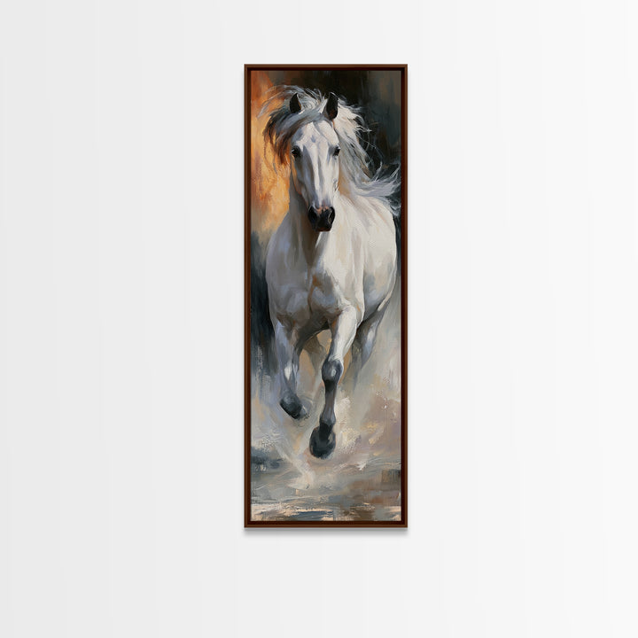 White Horse Running Through Shallow Water Canvas Print, Equestrian Art, Room Decor, Living Room Decor, Fine Art, Equestrian, EQU-1x3-17