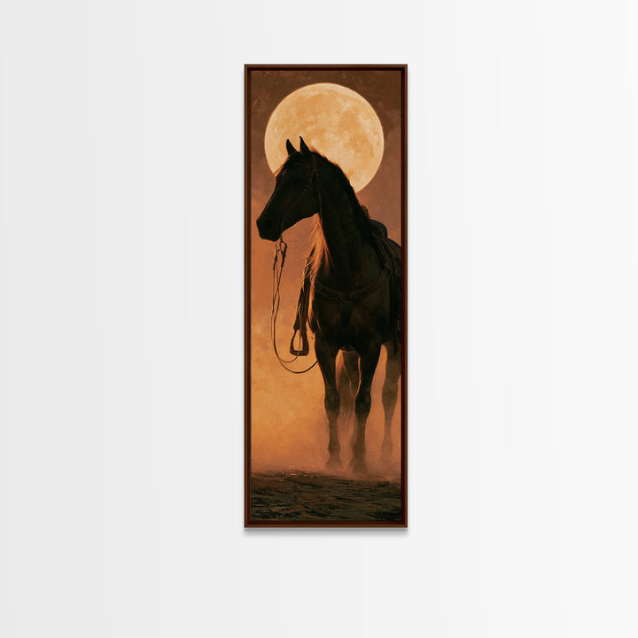 Horse Silhouette under a Huge Western Moon Framed Canvas Print, Equestrian Art, Home Decor, Living Room Decor, Equestrian, EQU-1x3-52